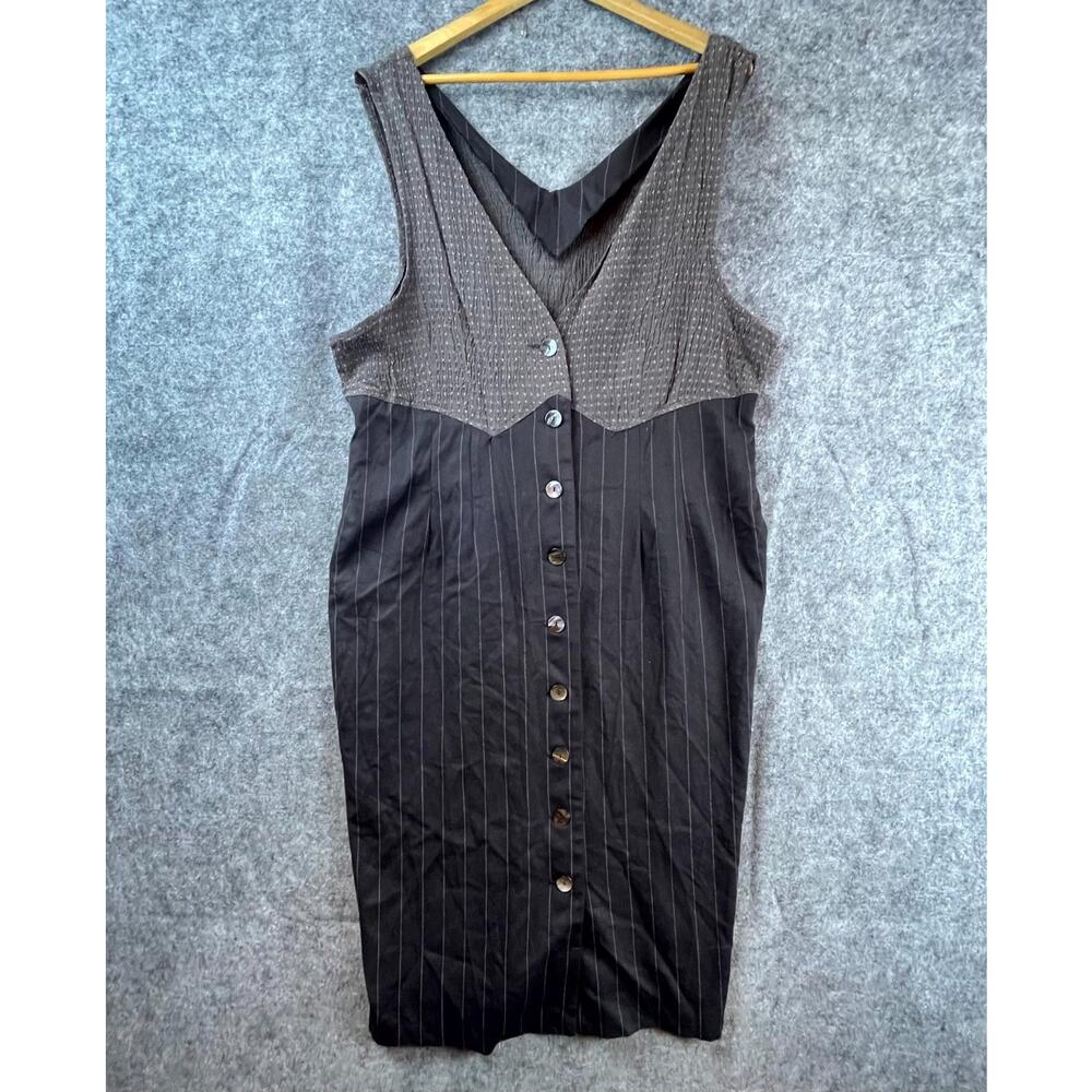 Vintage Womens Large Shirt Dress Gray Black Button Front 90s Y2K Professional‎